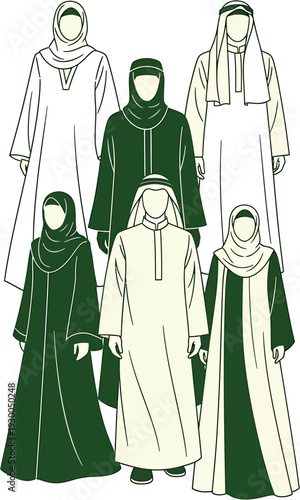 Illustrative representation of diverse traditional Middle Eastern garments, showcasing the cultural heritage and modest styles worn by men and women