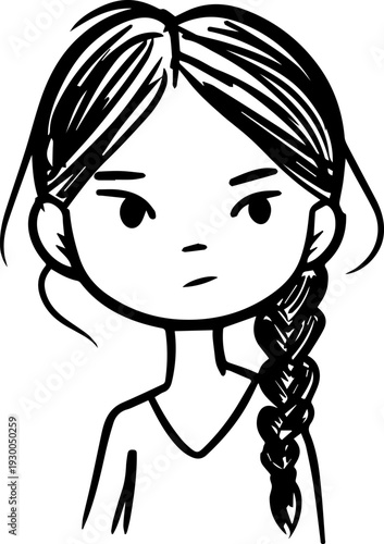 Hand Drawn Cute Cartoon Girl Black and White Avatar Illustration in Minimal Line Art Style Design