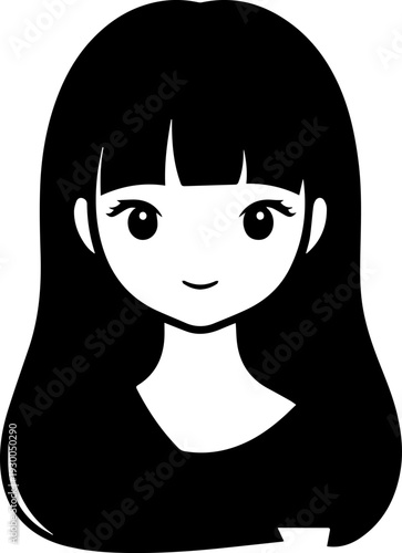 Hand Drawn Cute Cartoon Girl Black and White Avatar Illustration in Minimal Line Art Style Design