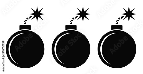 Three black cartoon bombs with lit fuses on a white background
