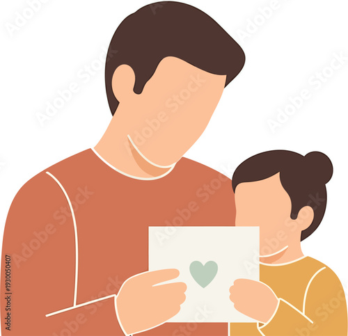 A tender moment where a loving father and his child share a special handwritten card adorned with a green heart, symbolizing their deep bond and affection
