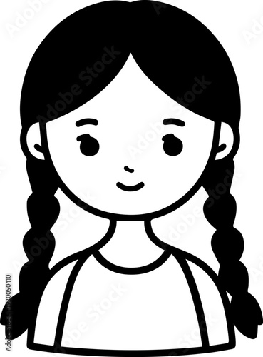 Hand Drawn Cute Cartoon Girl Black and White Avatar Illustration in Minimal Line Art Style Design