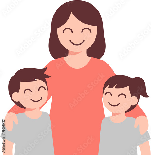 A loving mother embraces her two happy children, creating a heartwarming scene of family togetherness and parental affection