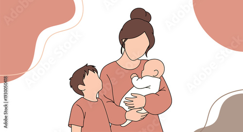 A loving mother tenderly holding her newborn baby, with her affectionate young son standing by, illustrating a heartwarming moment of family connection, nurturing, and maternal love