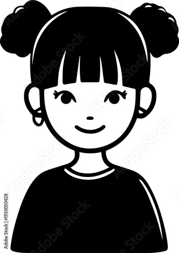 Hand Drawn Cute Cartoon Girl Black and White Avatar Illustration in Minimal Line Art Style Design