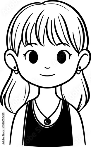 Hand Drawn Cute Cartoon Girl Black and White Avatar Illustration in Minimal Line Art Style Design