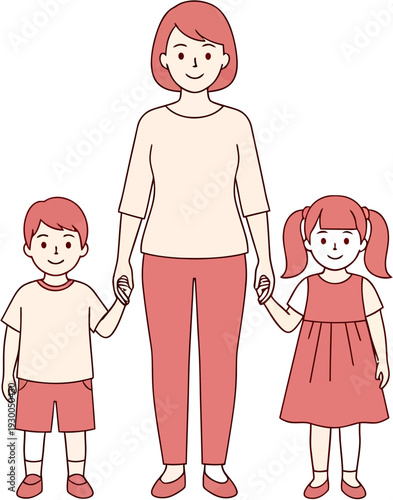 A loving mother stands proudly, holding hands with her two happy children, a boy and a girl, symbolizing family unity and the strong bond of parenthood