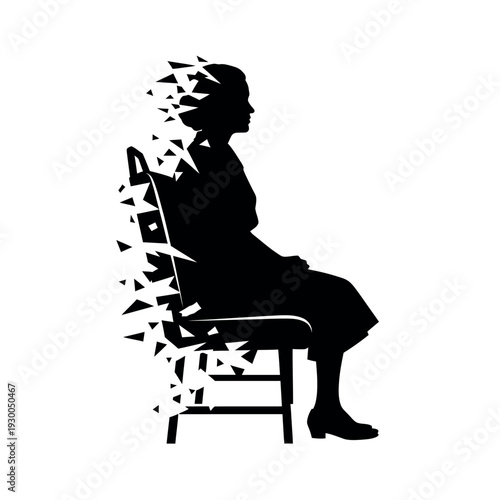 Silhouette of a person disintegrating while sitting on a chair.