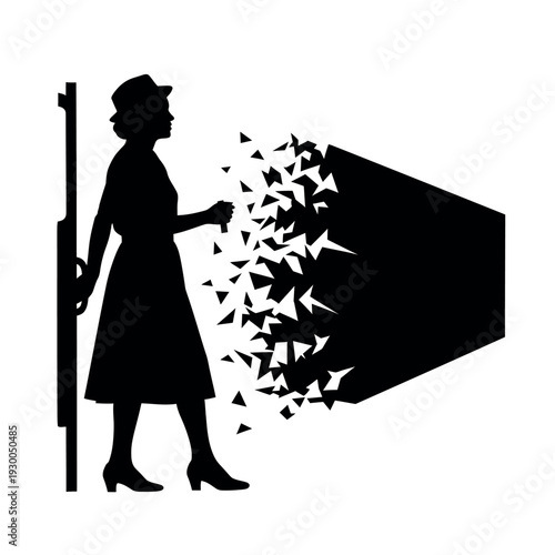 Silhouette of a woman walking with a disintegrating shadow.