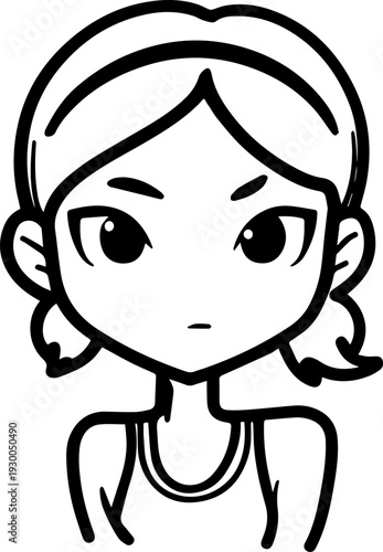 Hand Drawn Cute Cartoon Girl Black and White Avatar Illustration in Minimal Line Art Style Design