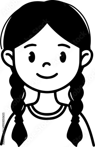 Hand Drawn Cute Cartoon Girl Black and White Avatar Illustration in Minimal Line Art Style Design