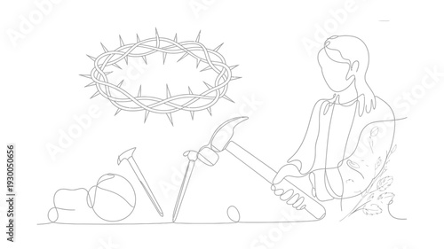 Jesus Christ Crown of Thorns with Nails and Hammer Religious Symbolism.