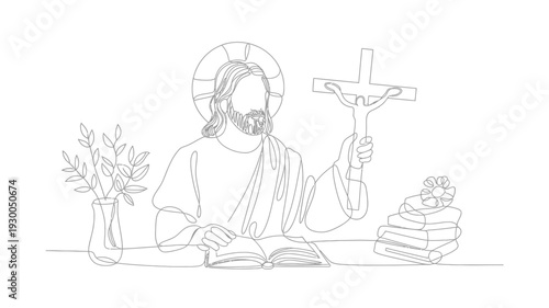 Jesus Christ Holding Cross and Reading Book Minimalist Line Art Style.