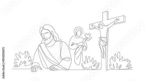 Jesus Christ Crucifixion and Suffering Continuous Line Religious Illustration.