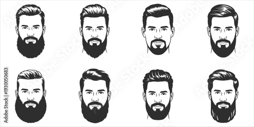 Collection of Diverse Bearded Male Faces and Hairstyles in Silhouette head