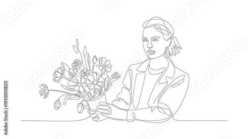 Minimalist Single Line Drawing of Elegant Woman Holding Flower Bouquet.