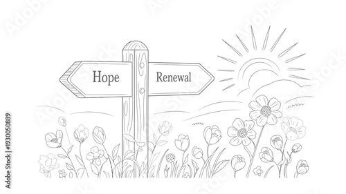 Signpost Pointing Toward Hope and Renewal with Sunrise and Flowers.