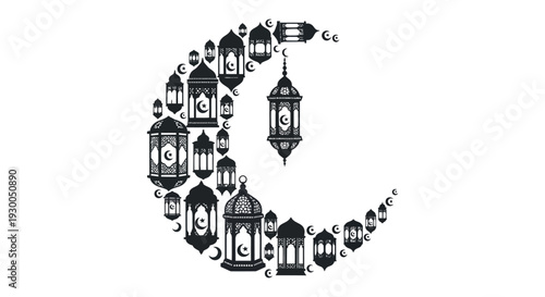 An intricate composition of lanterns and a crescent moon forming a decorative pattern a dark silhouette high quality