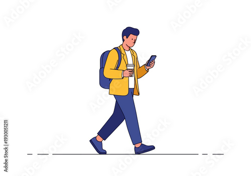 Young man with backpack walking while holding phone and coffee cup illustration casual style on white background business communication technology