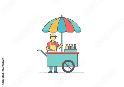 Street Vendor Selling Refreshments From A Colorful Mobile Food Cart Under A Striped Canopy Providing Shade