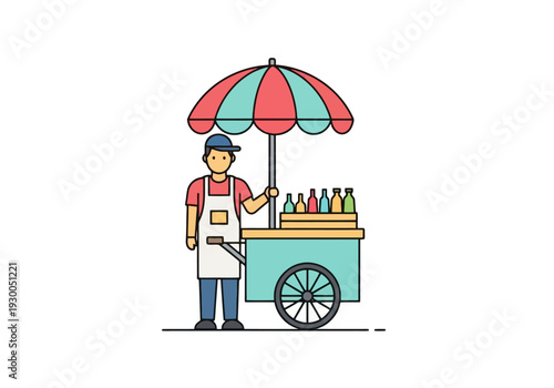 Street Vendor Stands Beside Mobile Cart Selling Refreshing Beverages Under Colorful Umbrella