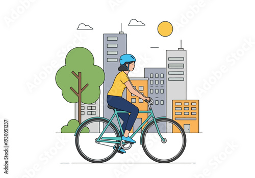 Woman Riding Bicycle Through City Skyline with Trees and Clouds During Daytime Sunny Weather Healthy Lifestyle Urban Commute Activity