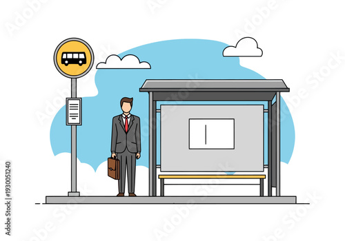 Businessman patiently awaits public transportation at a modern urban transit shelter with clouds in the sky and a street sign nearby
