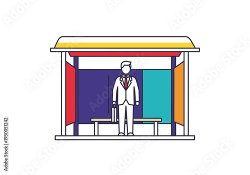Male commuter in professional attire waits patiently at a colorful modern transit stop shelter for transportation services