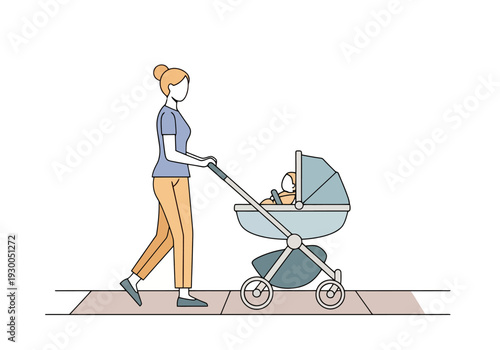 Adult pushes a baby stroller with a sleeping infant along a sidewalk in this clean line art depiction of a family outdoor scene