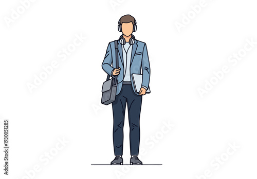 Young man wearing headphones and carrying a messenger bag with a laptop ready for a day of productivity and learning