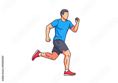 Active adult male athlete running forward with determined expression wearing athletic apparel for outdoor exercise and fitness training dynamic pose