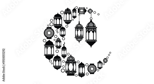 An intricate arrangement of black lanterns forms a crescent moon shape a detailed silhouette high quality professional modern