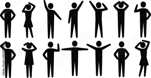 Diverse Black Human Stick Figure Poses and Actions on White Background person silhouette