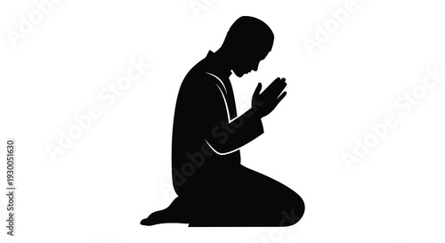 A kneeling man with clasped hands in a stark black form a powerful silhouette high quality professional detailed