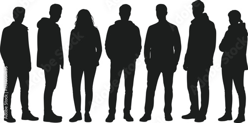 Diverse Group of Black Silhouettes of People Standing on White Background vector illustration