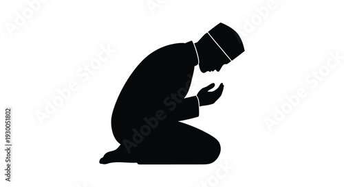 A devout muslim man is shown in a kneeling prayer pose creating a striking silhouette high quality professional