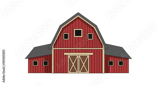 Red barn image, vector illustration, farm building, rural scene, agriculture, countryside, graphic