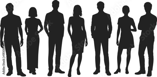 Diverse group of seven people silhouettes in casual and formal attire on white background male female