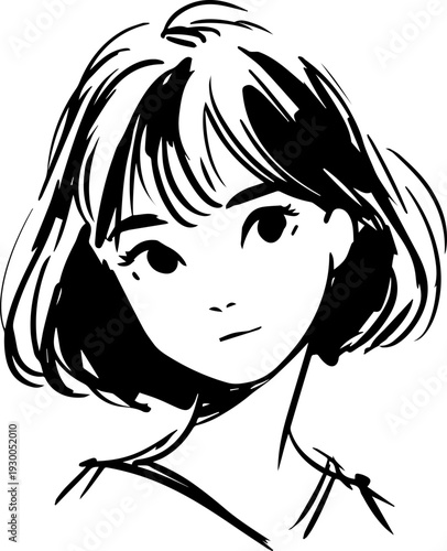Hand Drawn Cute Cartoon Girl Black and White Avatar Illustration in Minimal Line Art Style Design