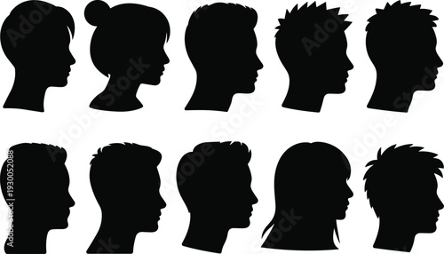 Diverse Male and Female Head Silhouettes in Profile View on White Background vector illustration