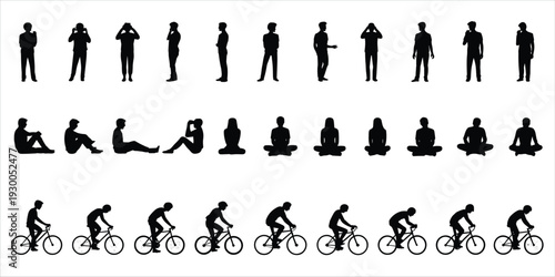 Diverse Silhouettes of People Standing Sitting Cycling and Meditating woman