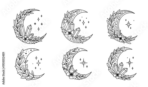 Boho Crescent Moon with Crystals and Floral Witchy Vector Set