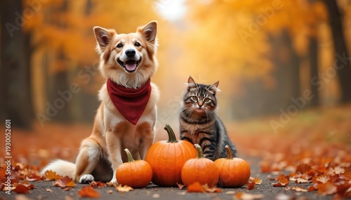 Wallpaper Mural Cute fluffy dog and tabby cat sit together on autumn path with orange pumpkins. Leaves fall around pets and forest trees create warm fall backdrop. They look happy and festive for holiday. Torontodigital.ca