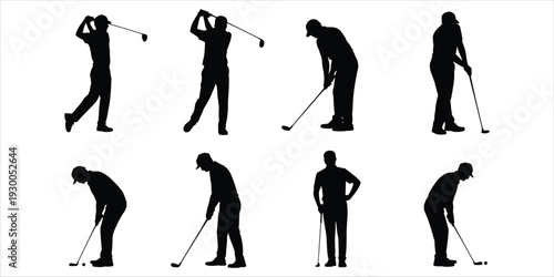 Eight Silhouette Golfers in Various Poses on White Background sport swing