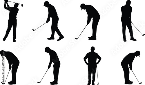 Eight Silhouette Poses of a Golfer in Action on White Background sport recreation
