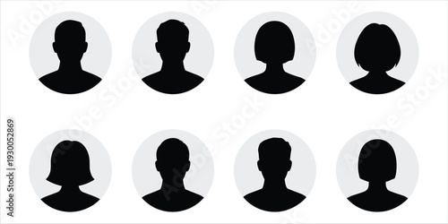 Eight Silhouette Profile Icons of Men and Women in Circles on White illustration vector