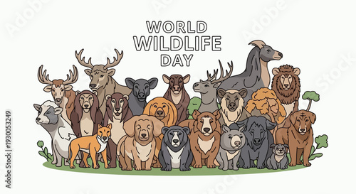 Illustration of diverse animals gathered together with text 'World Wildlife Day' on a clean white background, promoting wildlife conservation and awareness with a colorful and educational