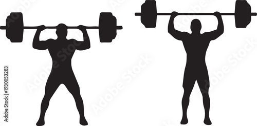 Man Silhouettes Lifting Heavy Barbell Overhead in Gym Training and Strength Progression