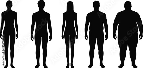 Five human body shape silhouettes from thin to obese on white background Keywords: silhouette, human, body, shape, thin, slim
