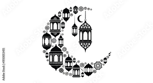 An intricate black design featuring a crescent moon adorned with ornate lanterns and architectural details silhouette high quality